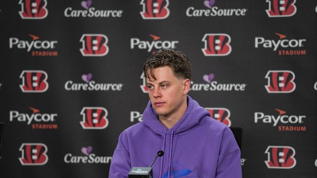 Bengals quarterback Joe Burrow speaks to the media during a press conference on the first day of the off season for the Bengals at Paycor Stadium on Monday January 8, 2024